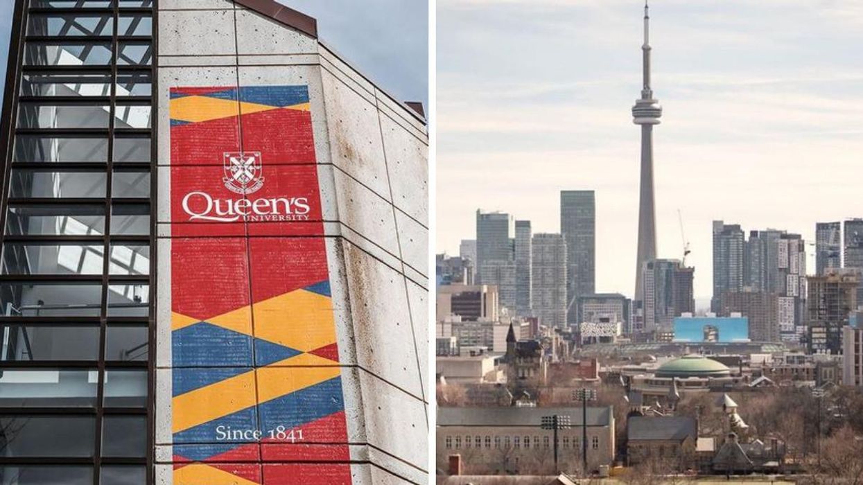 Queen's University during a sunny day. Right: The University of Toronto during the springtime.