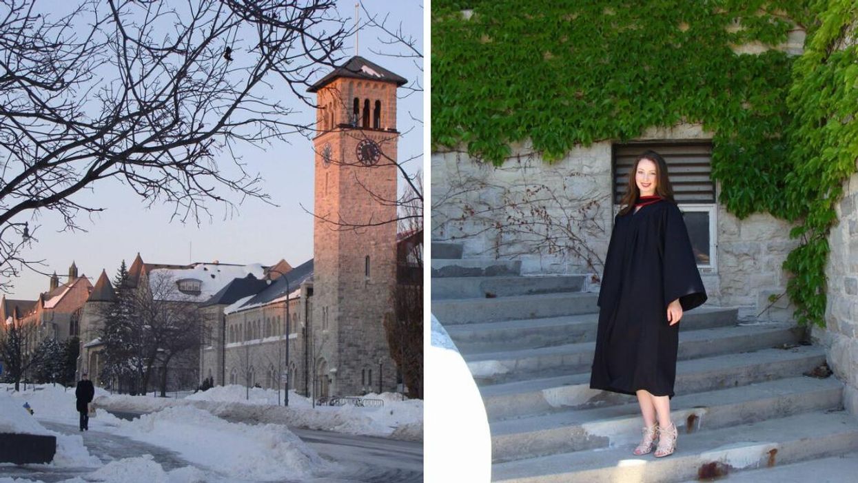 Queen's University in Kingston, Ontario. Right: Madeline in a graduation gown.