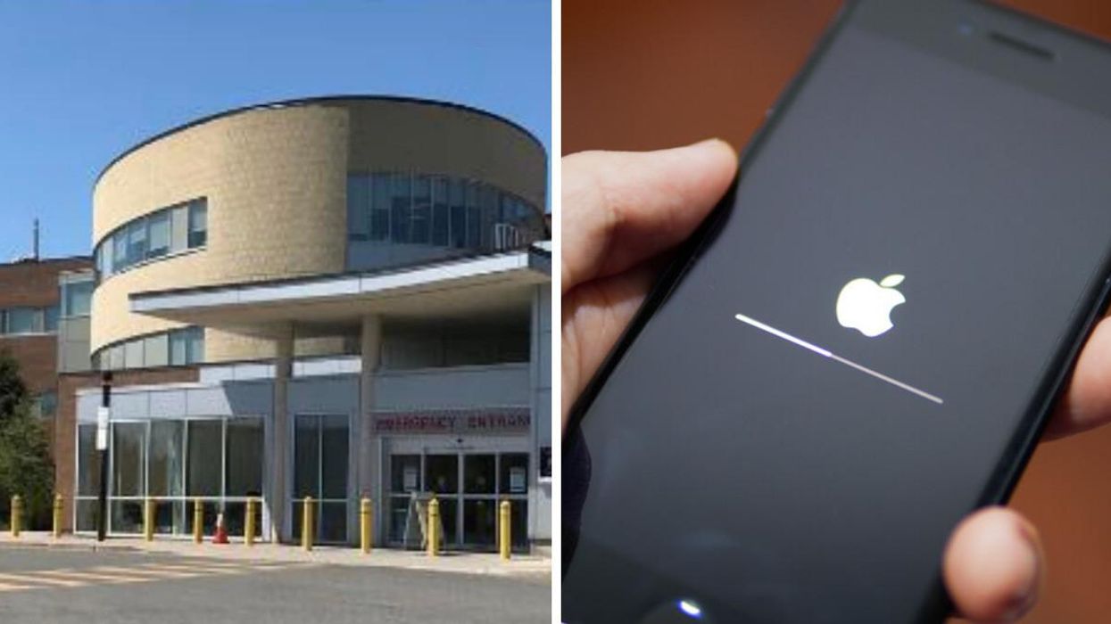 Queensway Carleton Hospital. Right: Someone holding an iPhone.