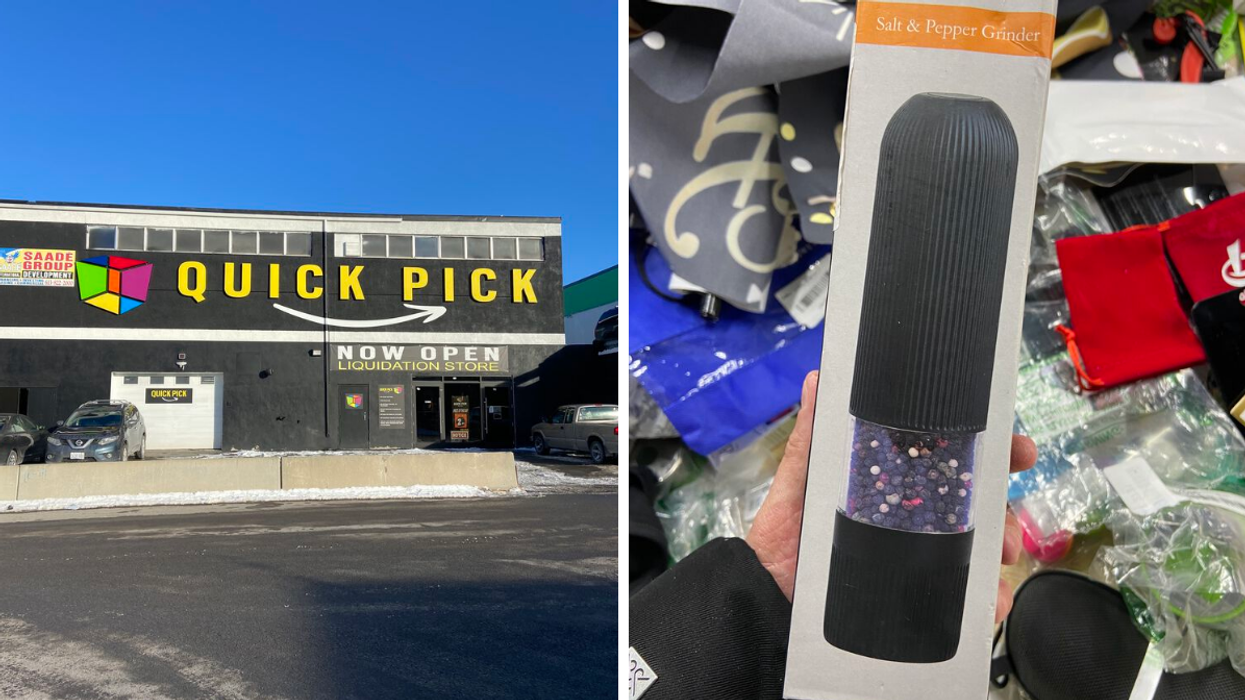 Quick Pick exterior store sign. Right: Salt & pepper grinder in an overstock bin.