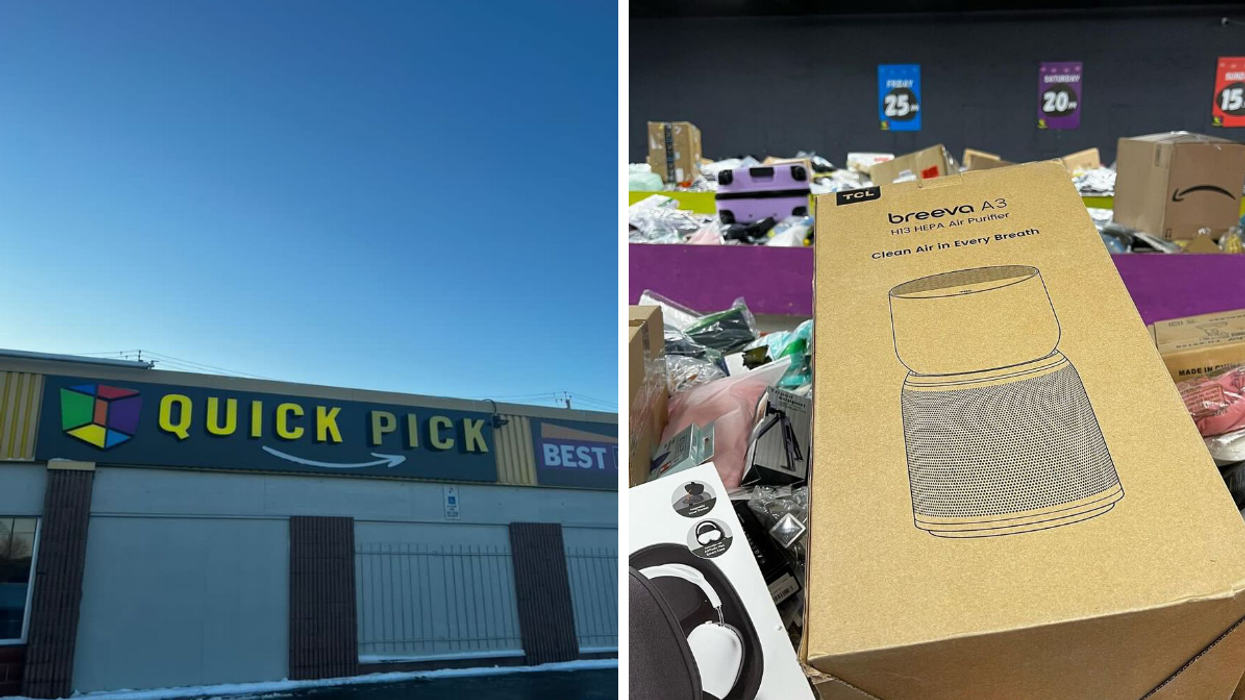 Quick Pick overstock store sign in Bayshore, Ottawa. Right: HEPA air purifier in a liquidation centre bin.