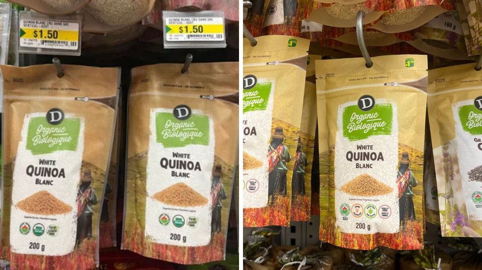 Quinoa blanc \u00e0 1,50 $. Droite : Quinoa blanc \u00e0 1,75 $.