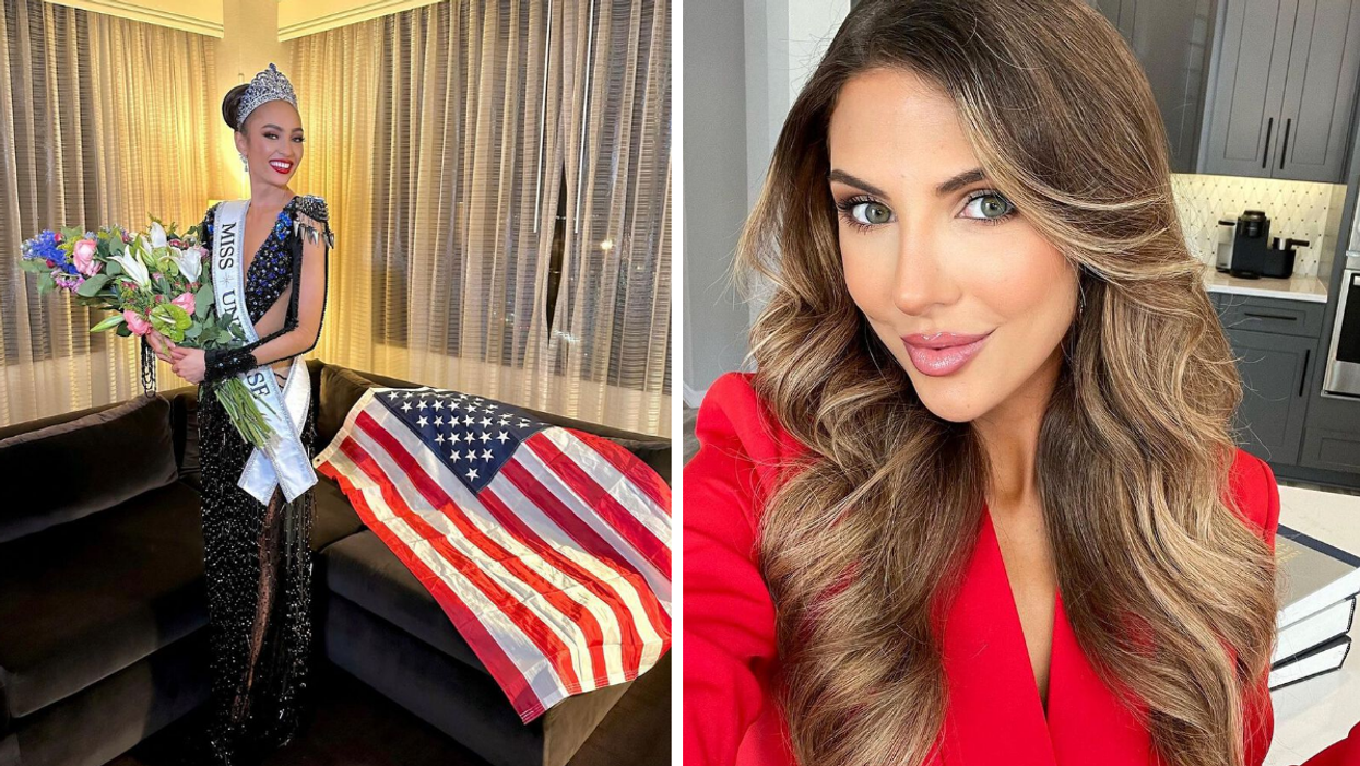 R'Bonney Gabriel crowned Miss Universe. Right: Heather Lee O'Keefe in a red outfit.