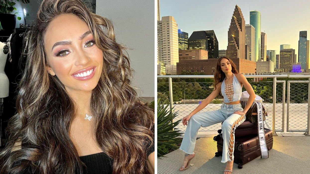 R'Bonney Gabriel wearing a black top. Right: Gabriel wearing a denim outfit in front of the Houston, TX, skyline.