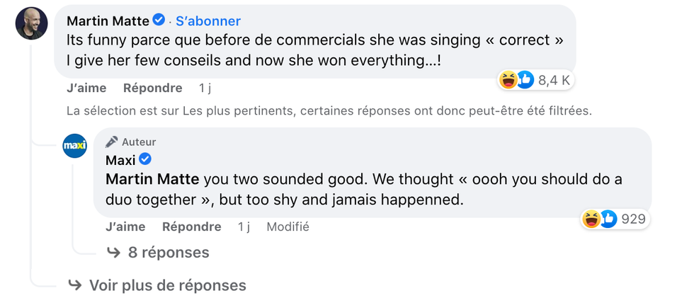 R\u00e9action de Martin Matte sur la page Facebook de Maxi.