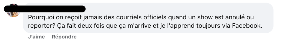 R\u00e9actions apr\u00e8s l'annulation d'un spectacle.