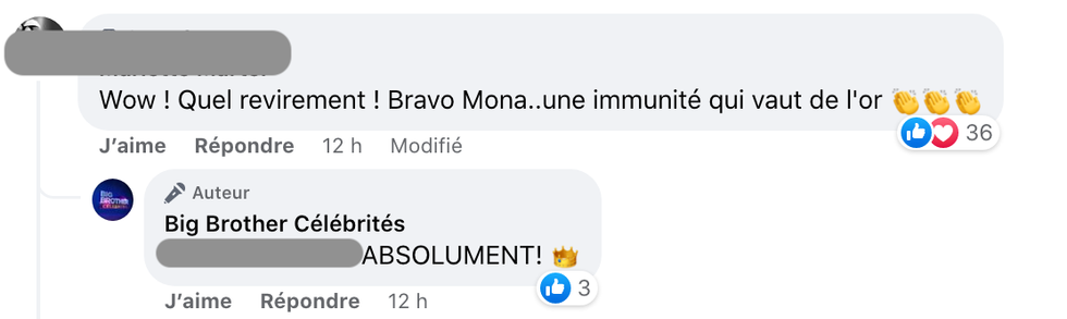 R\u00e9actions apr\u00e8s l'immunit\u00e9 de Mona.