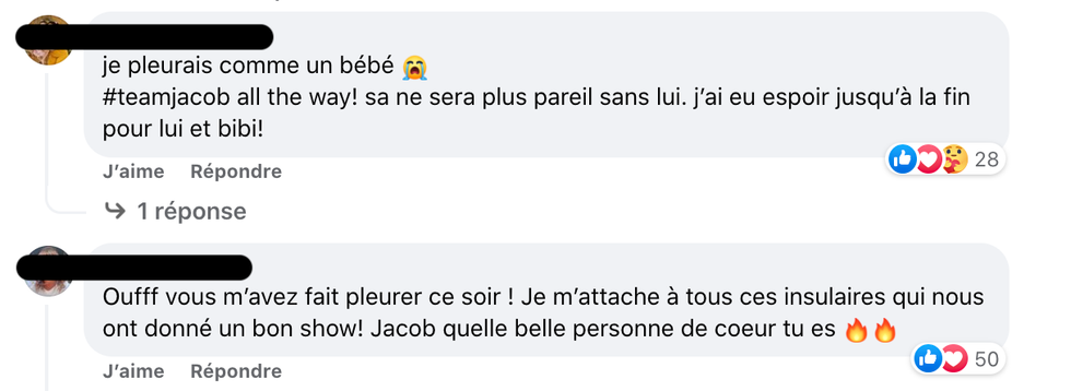 R\u00e9actions au d\u00e9part de Jacob de L'\u00eele de l'amour.