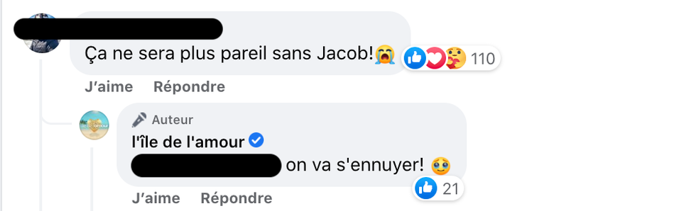 R\u00e9actions au d\u00e9part de Jacob de L'\u00eele de l'amour.