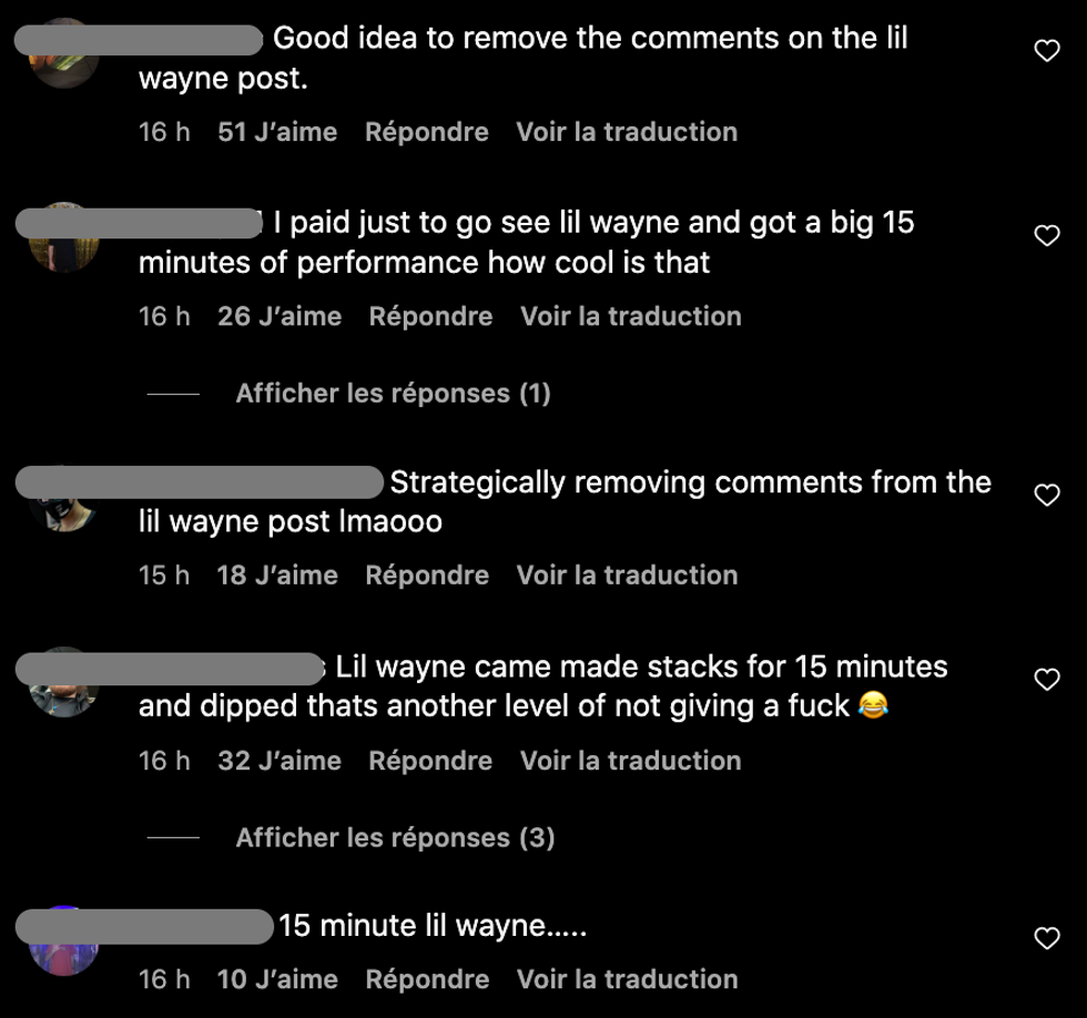 R\u00e9actions concernant la performance de Lil Wayne.