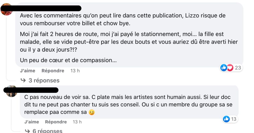 R\u00e9actions suite \u00e0 l'annulation du spectacle de Lizzo.