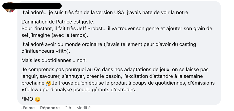 R\u00e9actions suite \u00e0 la 1re de Survivor Qu\u00e9bec.