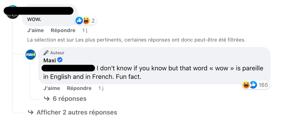 R\u00e9actions sur la page Facebook de Maxi.