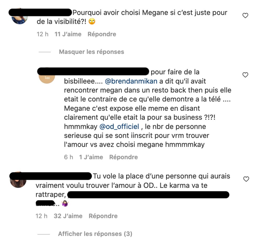 R\u00e9actions sur le profil Instagram de M\u00e9gane d'OD.
