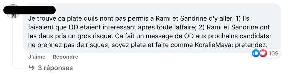 R\u00e9actions sur les couples finalistes.