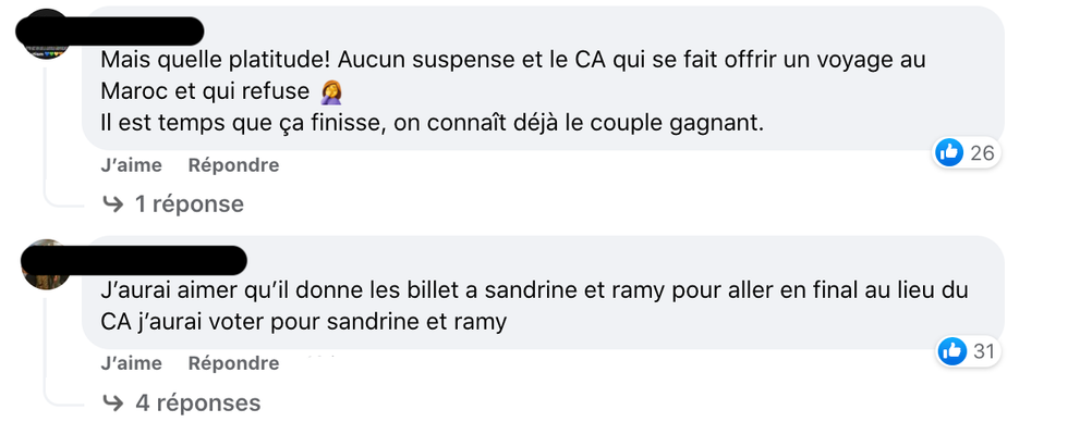 R\u00e9actions sur les couples finalistes.