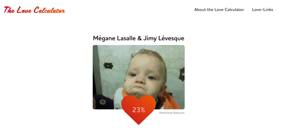 R\u00e9sultat de M\u00e9gane Lasalle et Jimy L\u00e9vesque sur The Love Calculator.