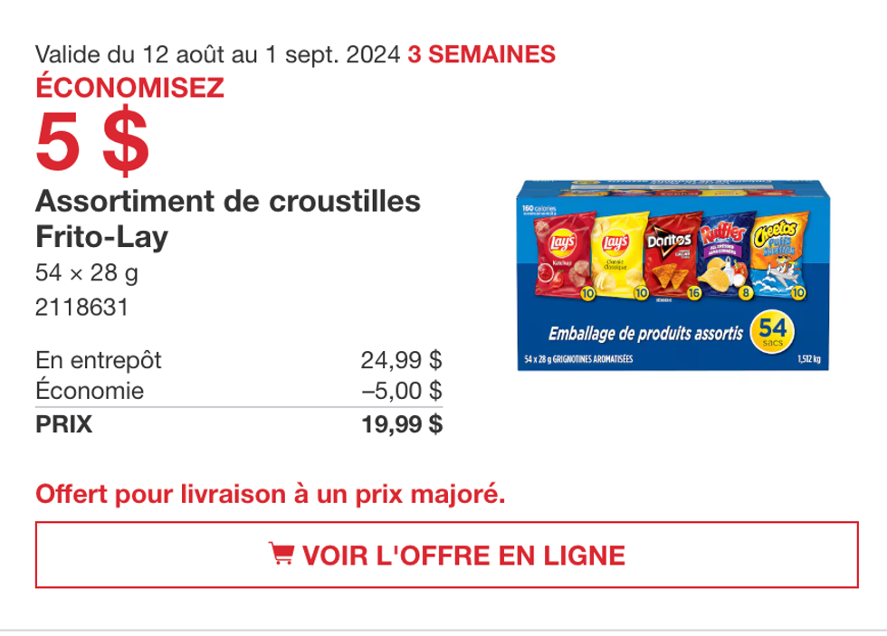 Rabais sur l'assortiment de croustilles Frito-Lay au Costco.