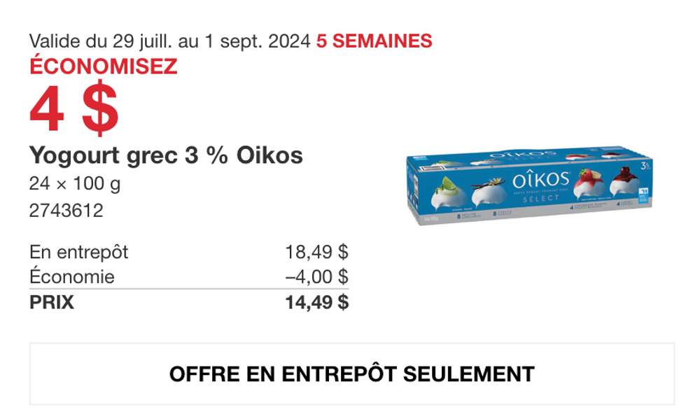Rabais sur le yogourt grec Oikos au Costco.