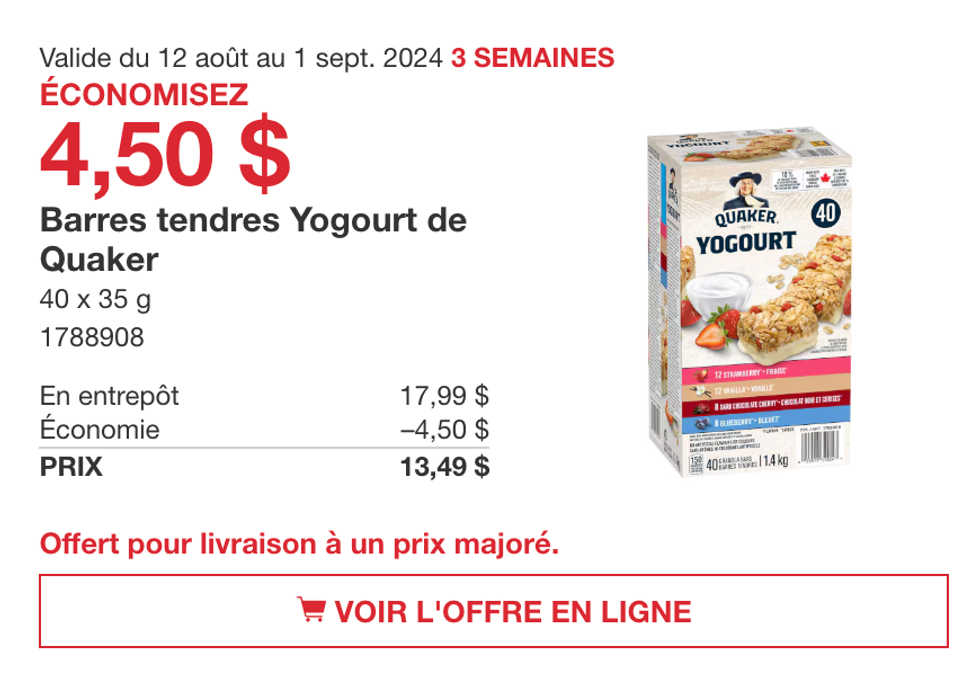 Rabais sur les barres tendres au yogourt de Quaker au Costco.