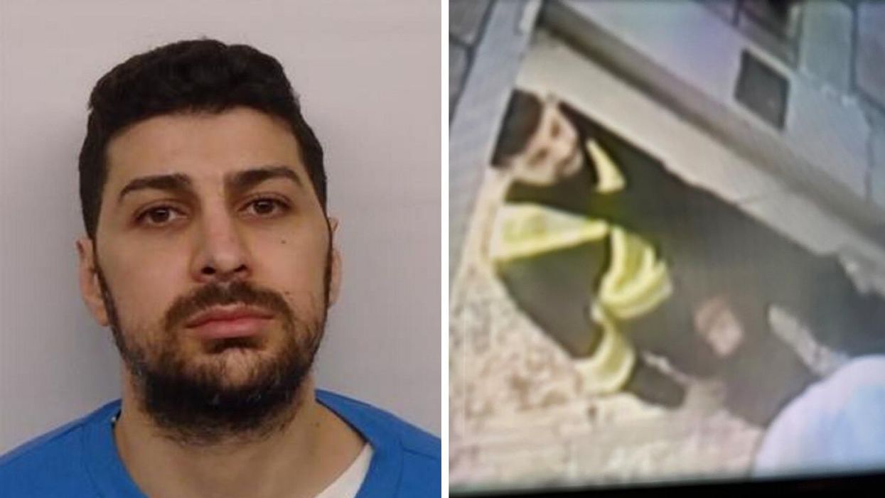 Rabih "Robby" Alkhalil. Right: Security camera footage of Rabih "Robby" Alkhalil wearing a black jumpsuit and a high-visibility vest.