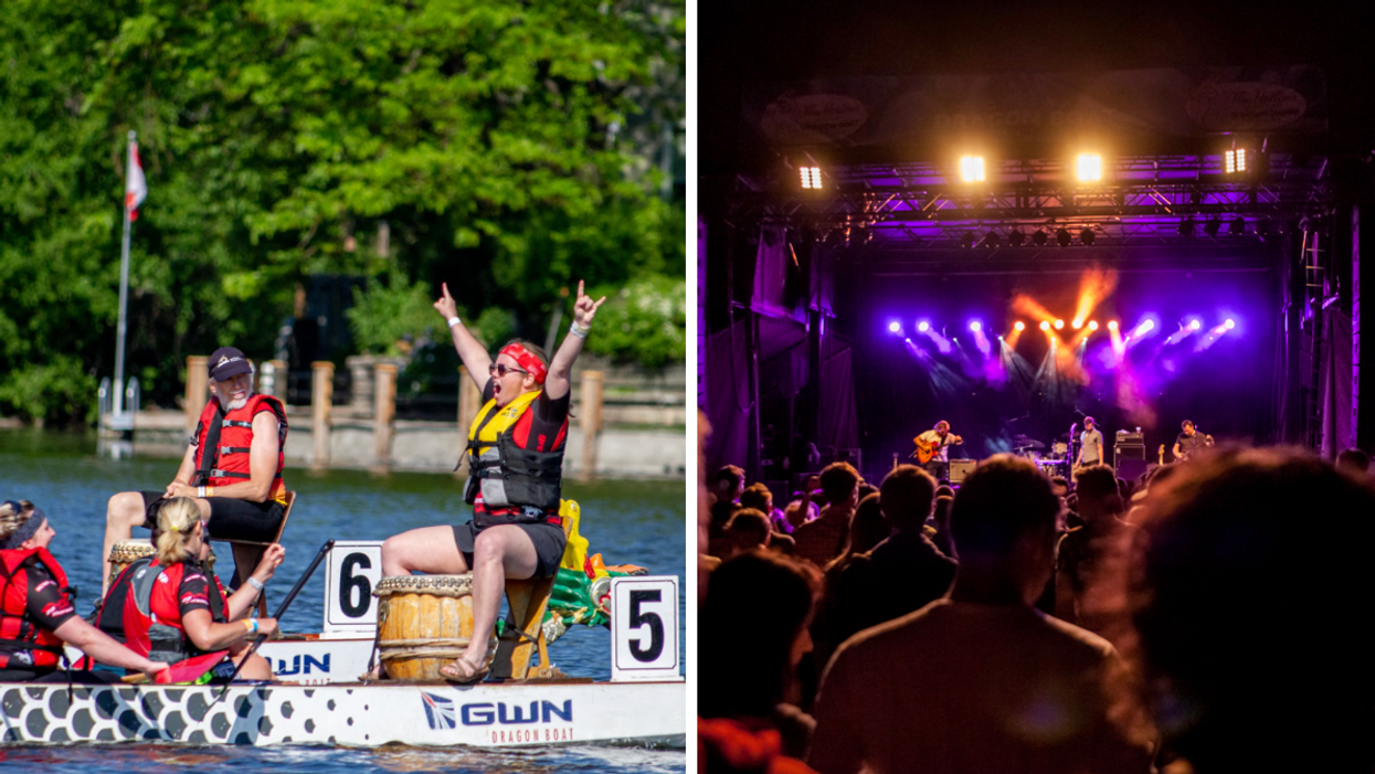 Race winner during Ottawa Dragon Boat Festival. Right: Crowd at free summer concert in Ottawa.