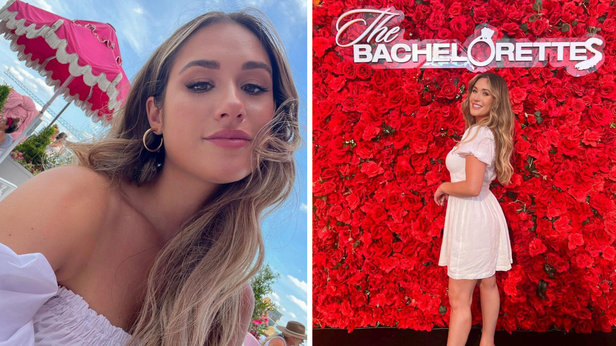 Rachel Recchia in a white top. Right: Rachel Recchia in front of 'The Bachelorettes' sign.