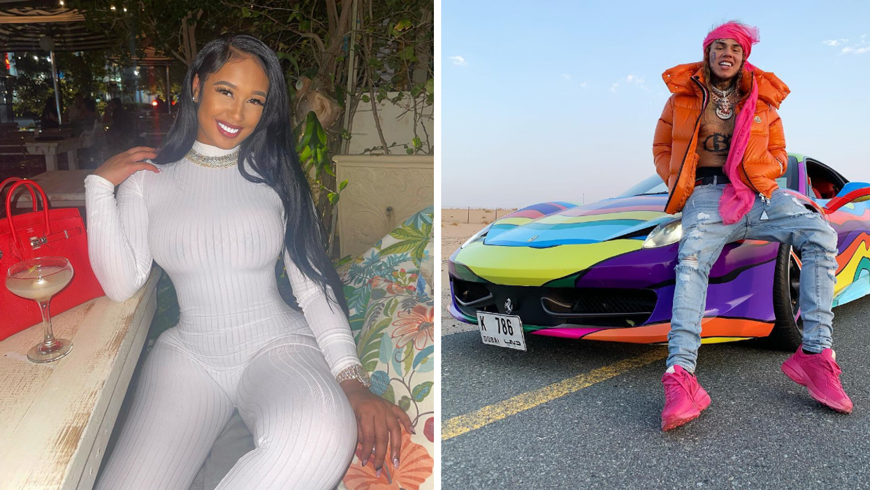 Rachel Wattley in a white body suit with a martini. Right: 6ix9ine on a colorful car.