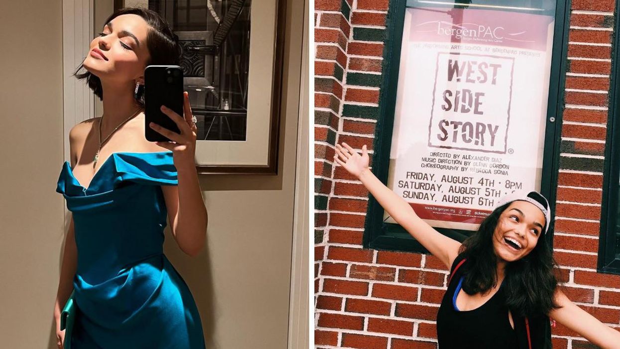 Rachel Zegler selfie. Right: Rachel Zegler in front of a "West Side Story" poster.