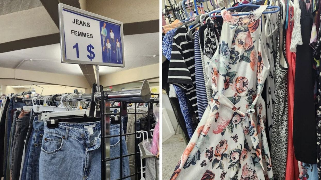 Rack de jeans avec affiche du prix de 1$ par paire de jeans. Droite : Robe fleurie en vente à la friperie.