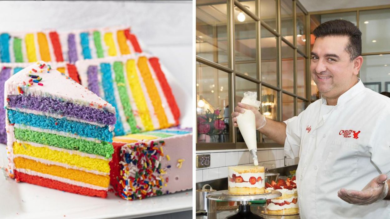 Rainbow cake slices. Right: Buddy Valastro icing cake.