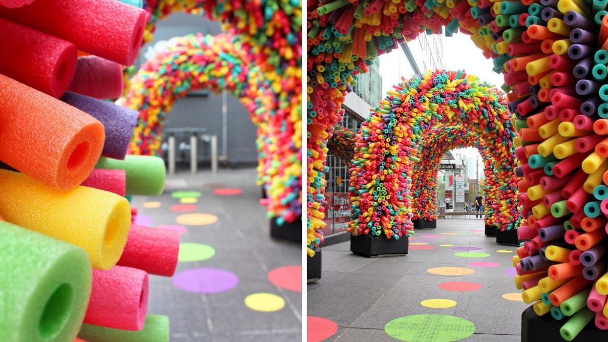 Rainbow walkway made of pool noodles in Toronto.