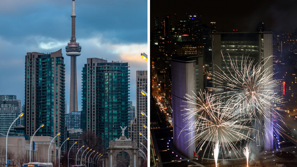 Rainy CN Tower skyline. Right: Fireworks in Toronto.
