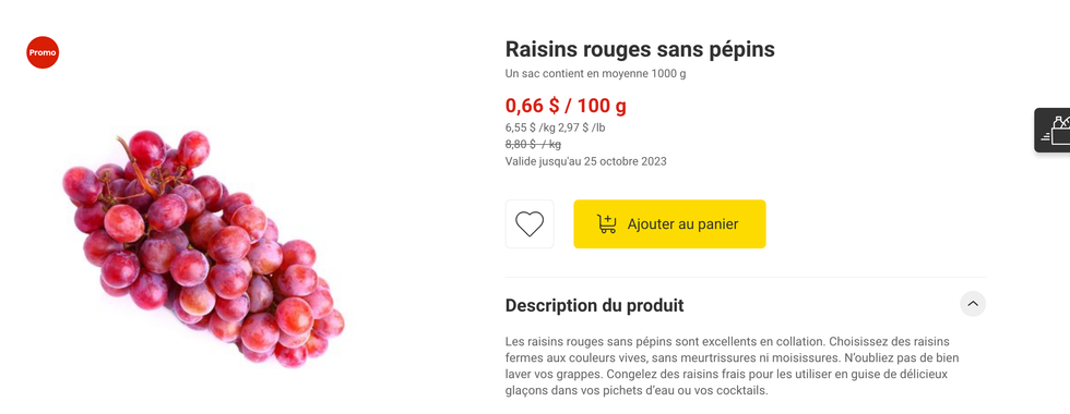 Raisin sans p\u00e9pin sur le site Web du Super C.