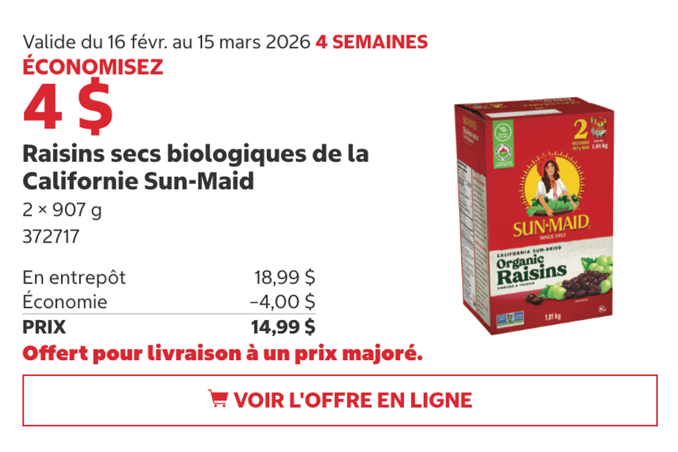 Raisins secs biologiques de la Californie Sun-Maid 2 x 907 g sur le site de Costco.
