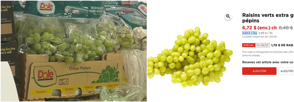 Raisins verts au Liquidation Marie. Droite : Les raisins verts sur le site du Maxi.