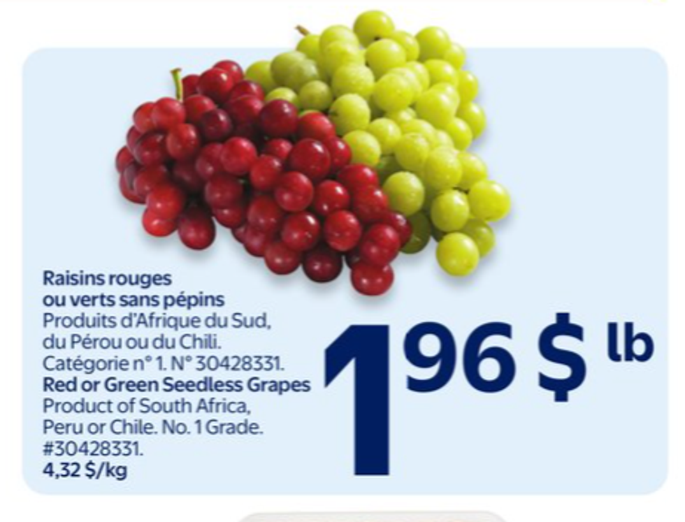 Raisins verts ou rouges sans p\u00e9pins dans la circulaire du Walmart.