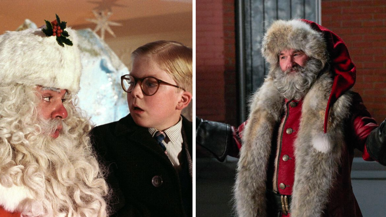 Ralphie on Santa's lap in 'A Christmas Story'. Kurt Russell as Santa Claus.