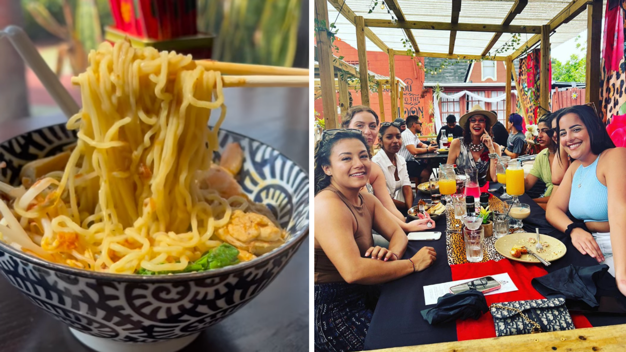 Ramen noodles. Right: A bunch of people at brunch at Maxine's On Shine.