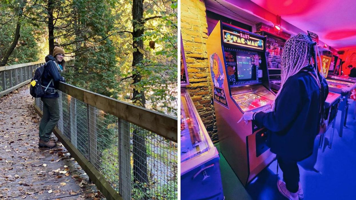 Randonneuse au Parc linéaire de la Rivière-Saint-Charles. Droite : Cliente du bar MacFly.