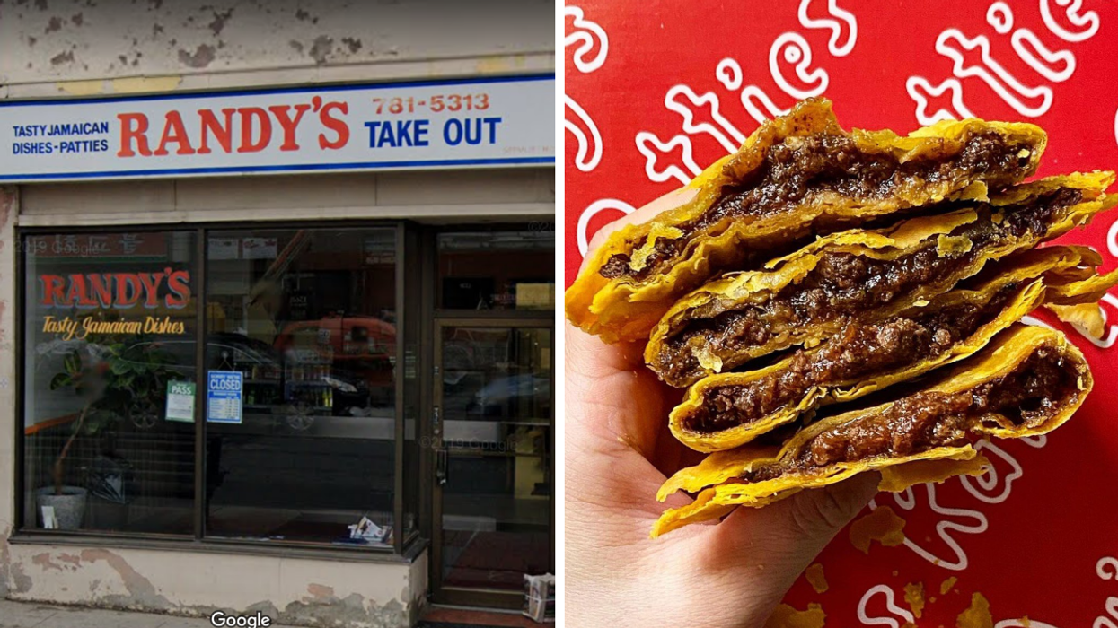 Randy's Patties. Right: A hand holding Randy's Jamaican patties.