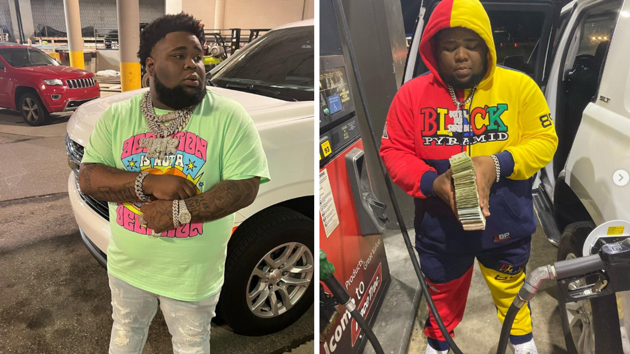 Rapper RodWave at a gas station. Rapper Rod Wave holding a stack of money while pumping gas.