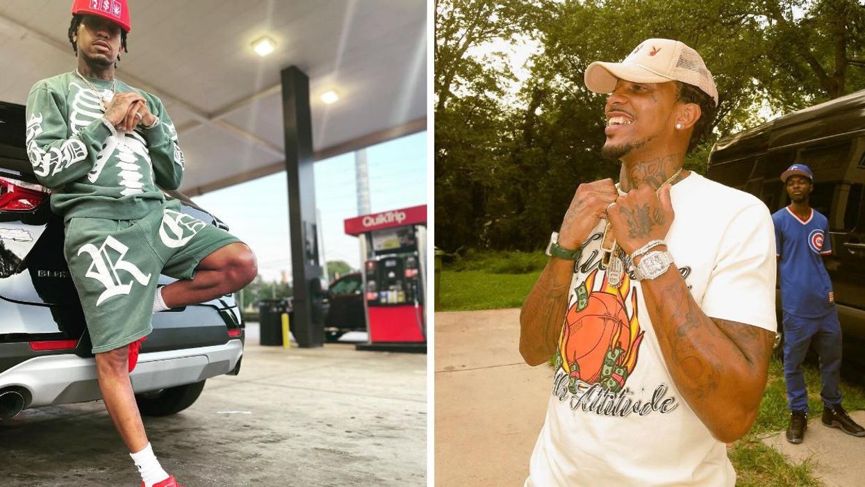 Rapper Trouble at a gas station. Right: The Georgia rapper Trouble smiling.