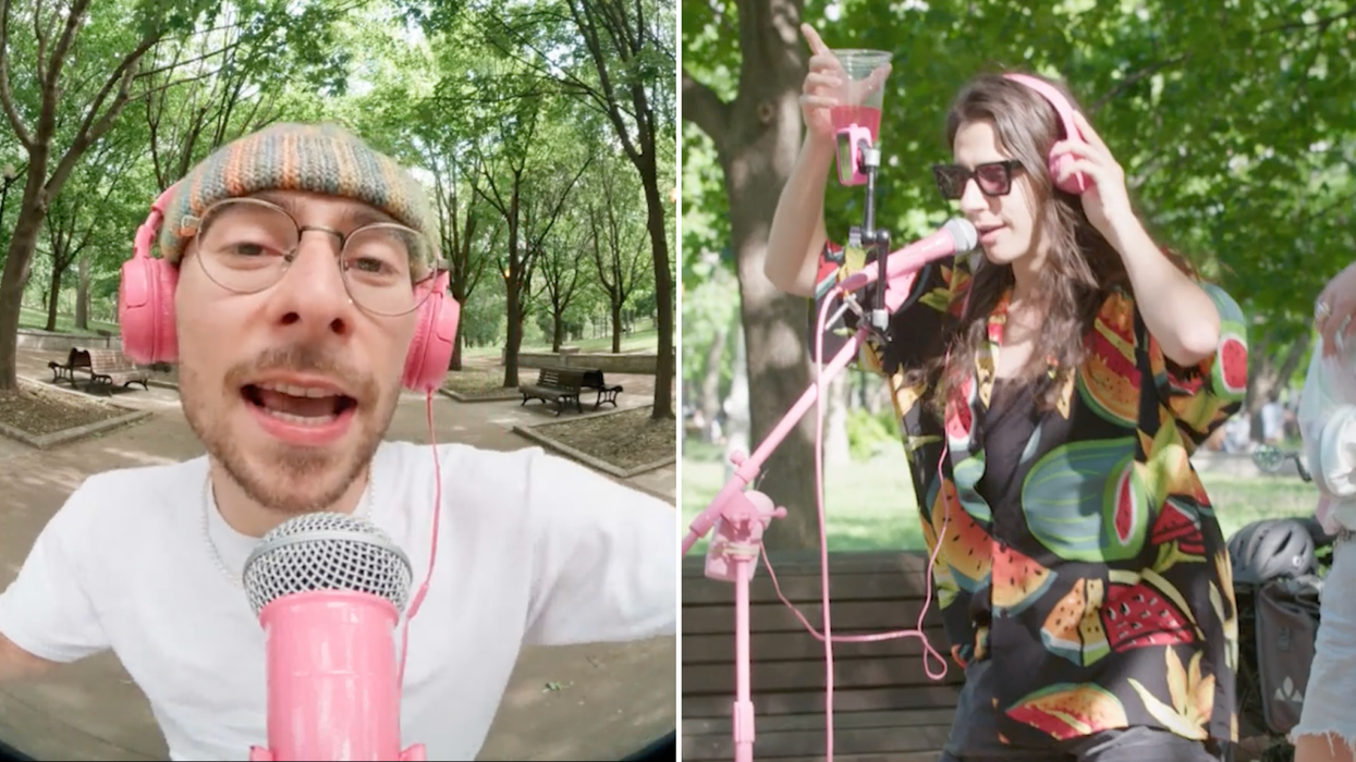 Rappers freestyle at a pink microphone in a park.