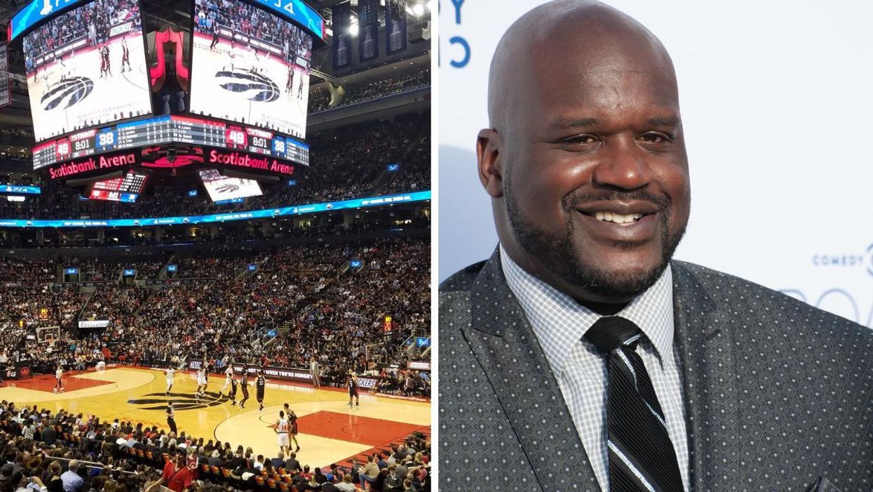 Raptors playing at the Scotiabank Arena. Right: Basketball star Shaquille O Neal at the Comedy Central Roast.