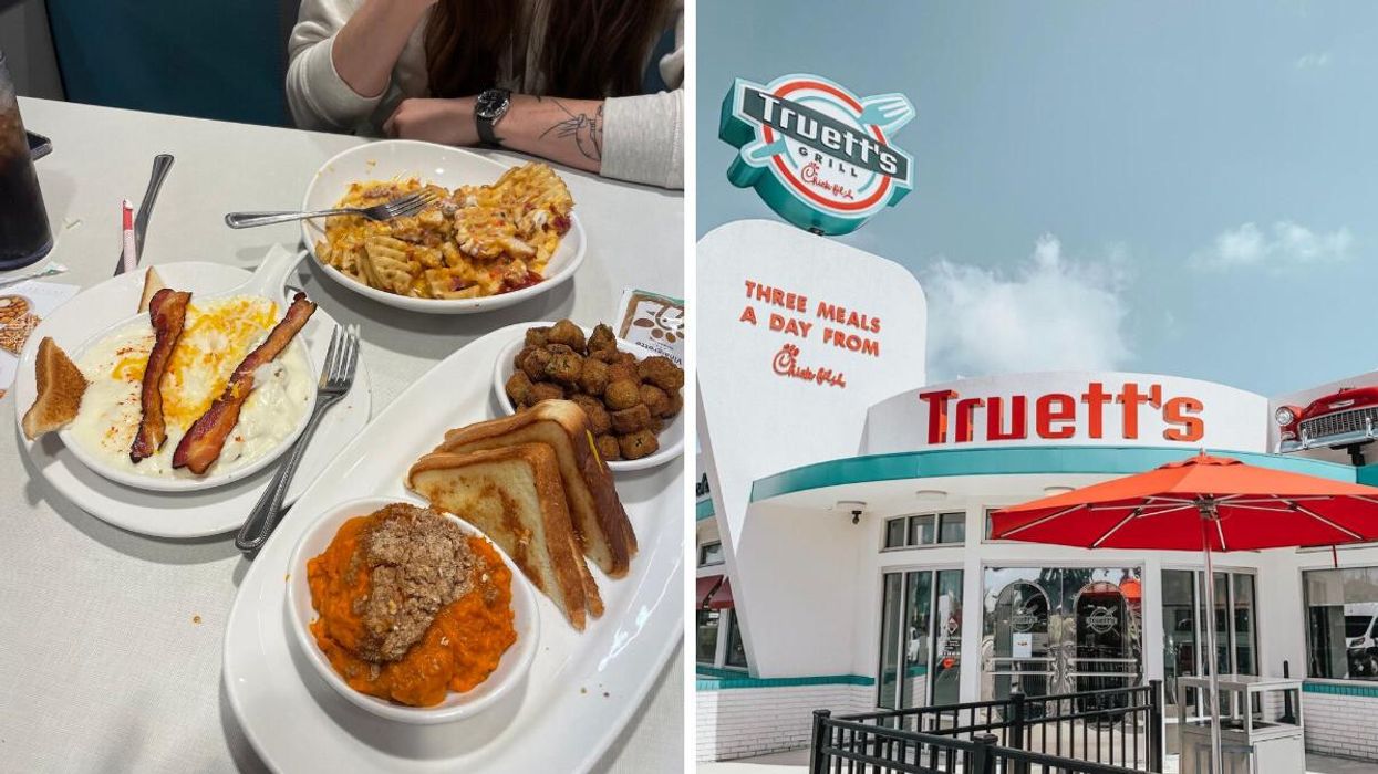 Rare menu items from Truett's Grill. Right: The exterior of the diner.