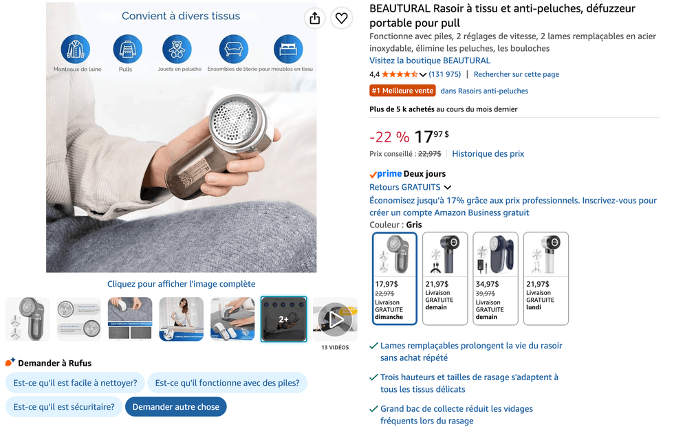 Rasoir \u00e0 tissu BEAUTURAL, en vente sur Amazon.