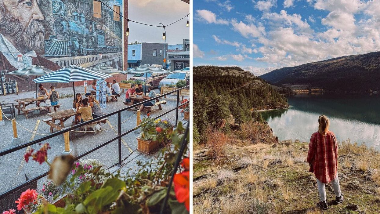 Ratio Juice Wall. Right: A person enjoying the fall landscape.
