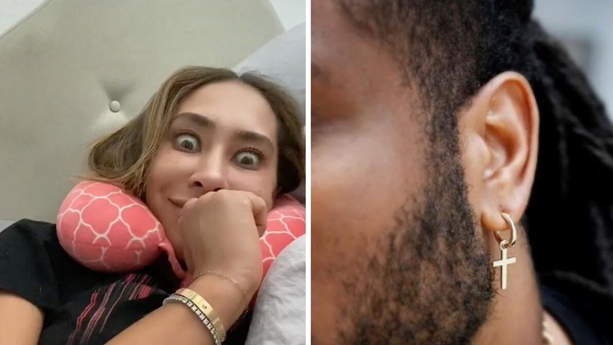 Raven Ross from season 3 of Love Is Blind. Right: Screenshot of a man's earring from her TikTok.
