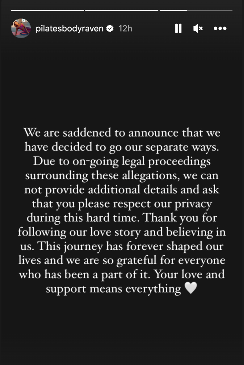 Raven Ross' statement shared in an Instagram story.
